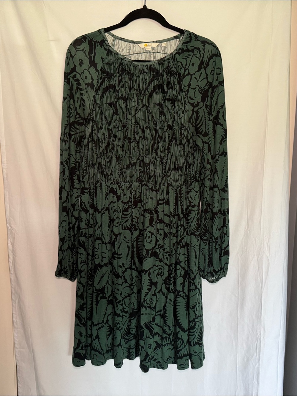 Boden Smocked Jersey Mini Dress 12 Green Abstract Garden Long Sleeve Boho Soft